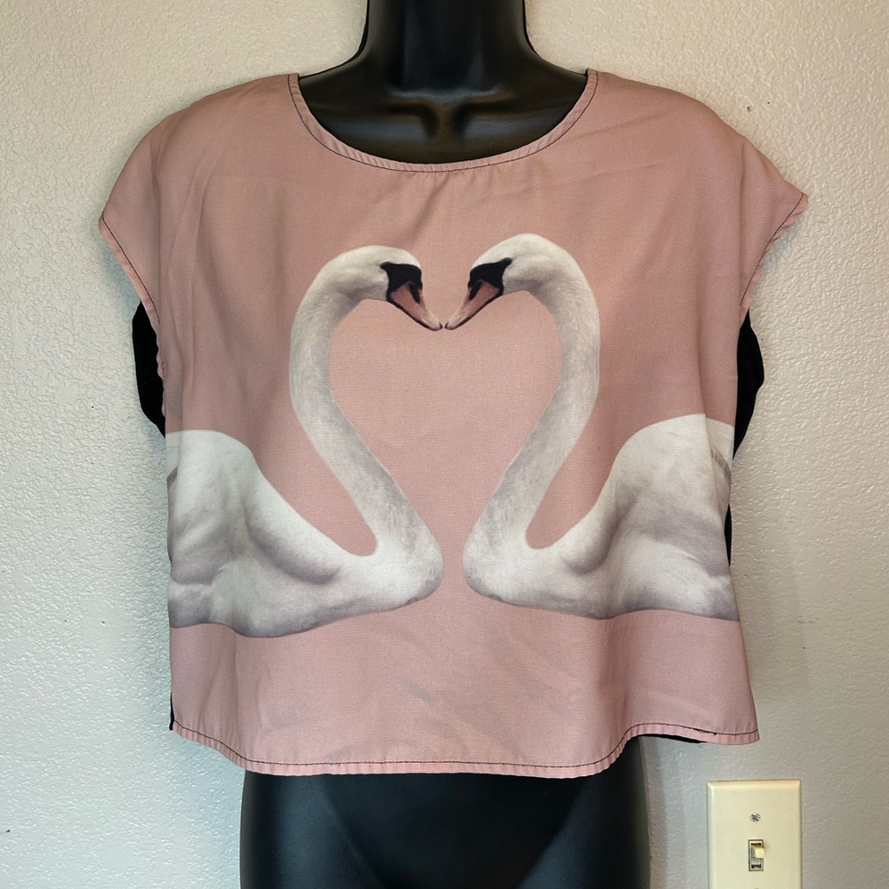 H&M Pink Swan Print Sleeveless Crop Top Love Valentine's Day Romantic Birds Sz 6